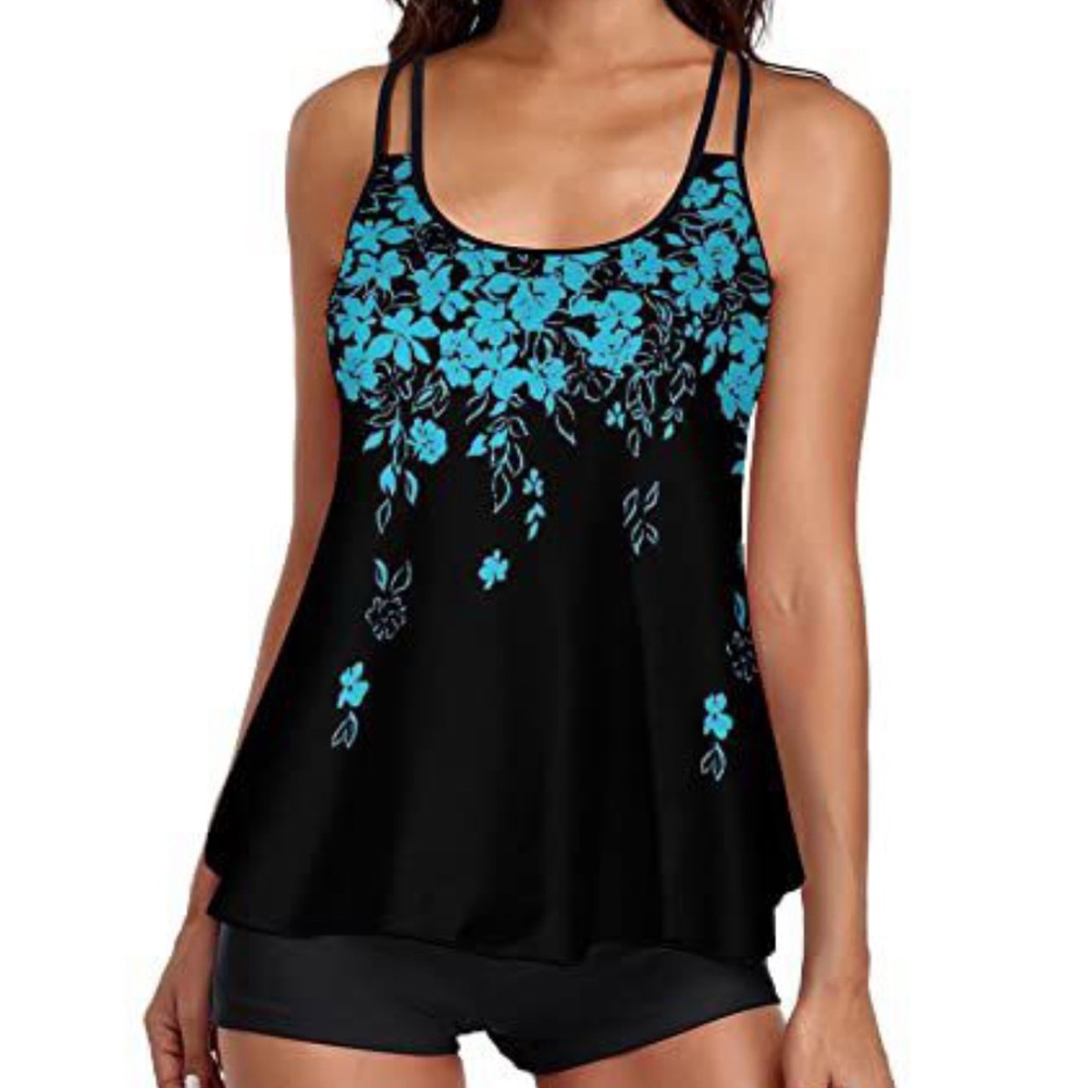 Black Tankini Top with Teal Floral Print
